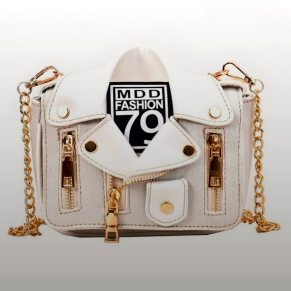 .. Handbags - Leather & Canvas Jacket/ Biker Handbag Purse In Cream/White.small,little wear